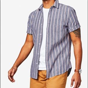 Men’s Zephyr Short Sleeve Blue Striped Linen Button Down Casual Dress Shirt XL